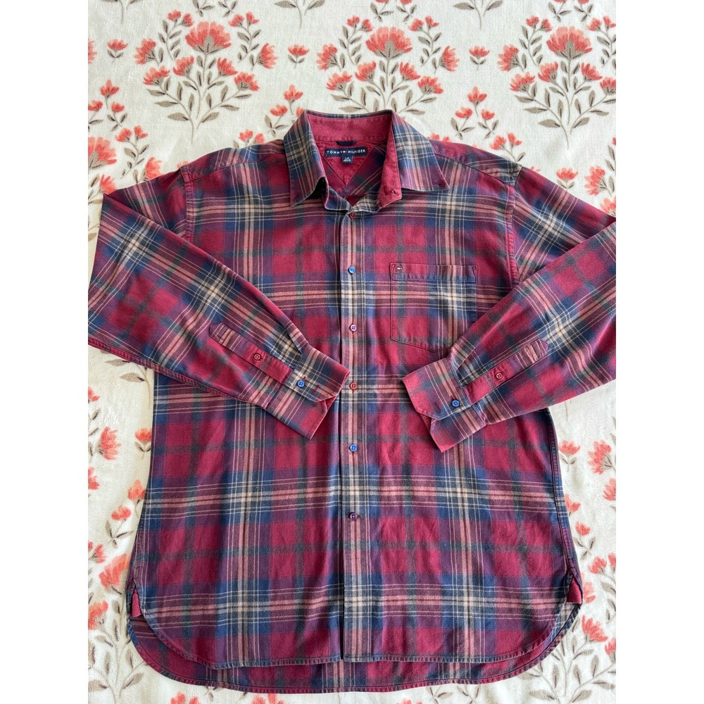 Tommy Hilfiger Mens Red Blue Plaid Flannel Button Down Shirt Large L Long Sleeve